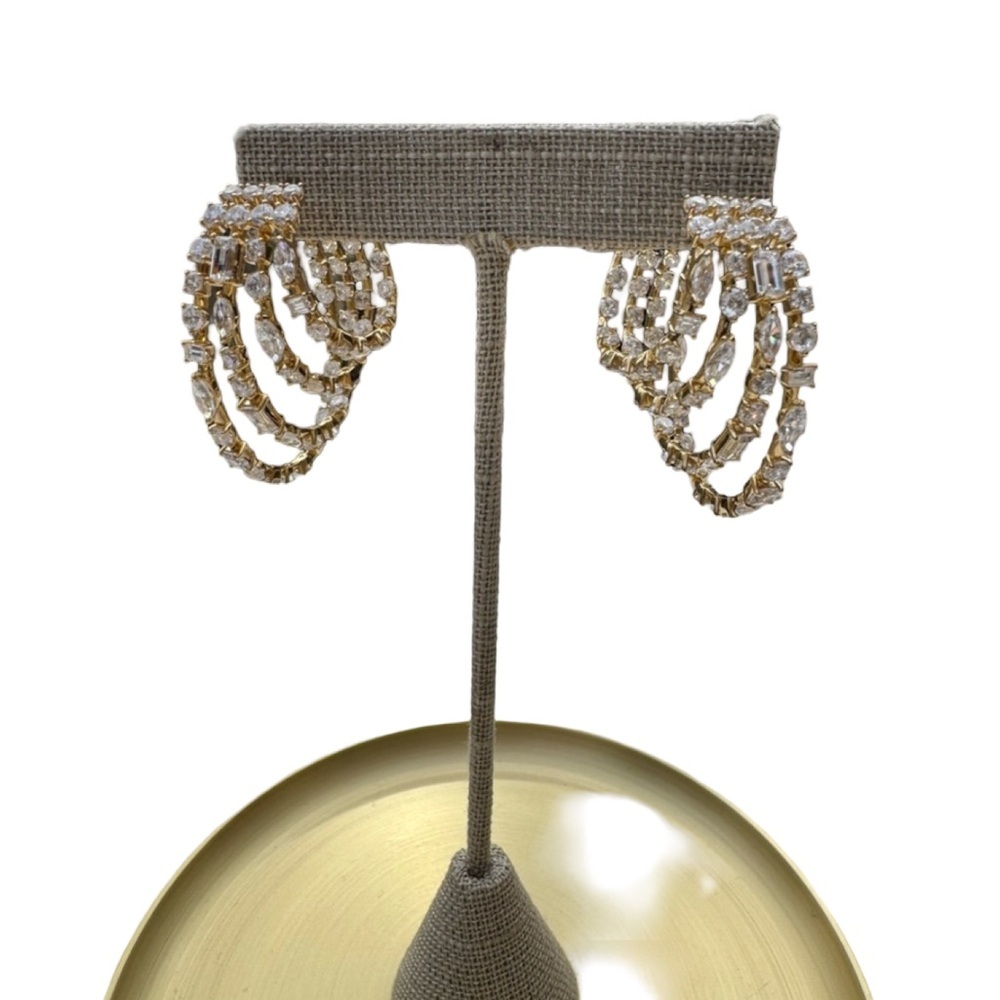 Nadri Crystal Multi 4 Hoop Statement Earrings Gold Tone Cascading